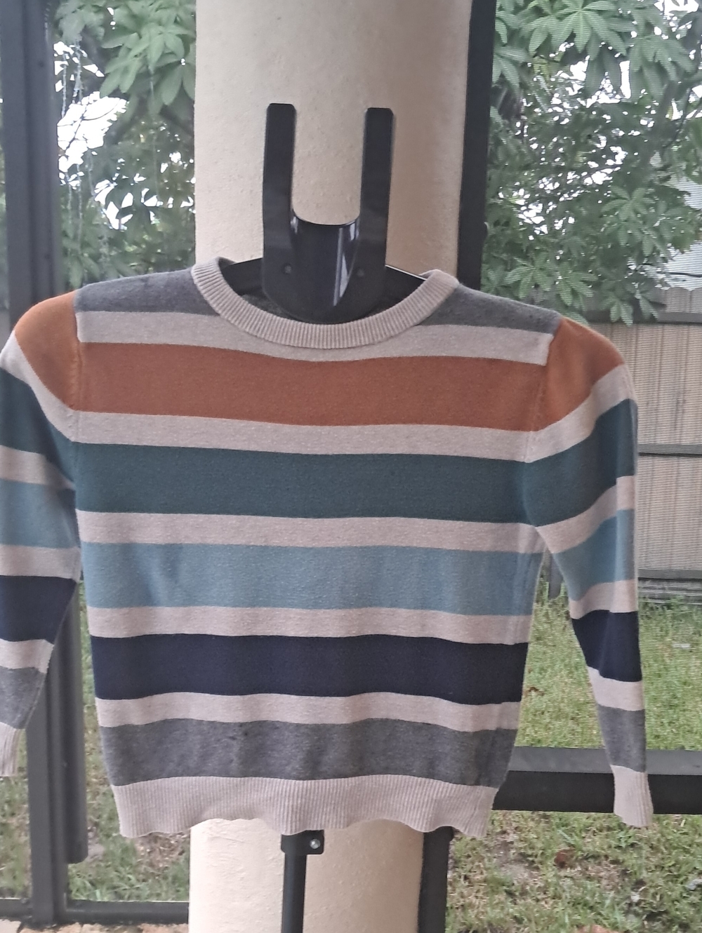H&M Men's Striped Crewneck Sweater in Brown, Teal, Blue, Gray & Cream